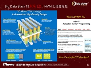 Big Data Stack 的未來 (2)：NVM 記憶體崛起
29
http://pmem.io/
https://youtu.be/IWsjbqbkqh8
 