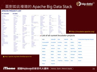 面對如此複雜的 Apache Big Data Stack
31
▼ http://incubator.apache.org/
▲ http://apache.org/index.html#projects-list
 