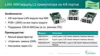 LAN: NIM модуль L2 коммутатора на 4/8 портов
17
Особенности:
§  4/8 портовые LAN модули под NIM
§  POE+ (30W) на все порты модуля
§  Поддержка 128 bit MACsec (в сл. релизах ПО)
Преимущества:
§  Малый форм-фактор
§  «Горячая» замена (OIR)
§  Настройка через CLI
Новинка
этого года
23.11.15 © 2015 Cisco and/or its affiliates. All rights reserved.
Модуль Описание
NIM-ES2-4= 4-port Layer 2 GE Switch Network Interface Module
NIM-ES2-8= 8-port Layer 2 GE Switch Network Interface Module
NIM-ES2-8-P= 8-port POE/POE+ Layer 2 GE Switch Network Interface
Module
 