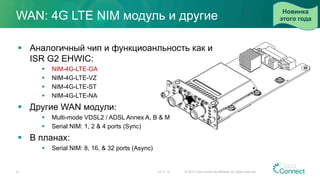 WAN: 4G LTE NIM модуль и другие
§  Аналогичный чип и функциоанльность как и
ISR G2 EHWIC:
§  NIM-4G-LTE-GA
§  NIM-4G-LTE-VZ
§  NIM-4G-LTE-ST
§  NIM-4G-LTE-NA
§  Другие WAN модули:
§  Multi-mode VDSL2 / ADSL Annex A, B & M
§  Serial NIM: 1, 2 & 4 ports (Sync)
§  В планах:
§  Serial NIM: 8, 16, & 32 ports (Async)
21
Новинка
этого года
23.11.15 © 2015 Cisco and/or its affiliates. All rights reserved.
 