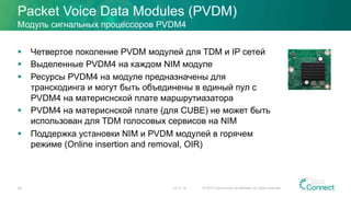 Packet Voice Data Modules (PVDM)
23.11.15 © 2015 Cisco and/or its affiliates. All rights reserved.28
Модуль сигнальных процессоров PVDM4
§  Четвертое поколение PVDM модулей для TDM и IP сетей
§  Выделенные PVDM4 на каждом NIM модуле
§  Ресурсы PVDM4 на модуле предназначены для
транскодинга и могут быть объединены в единый пул с
PVDM4 на материснской плате маршрутиазатора
§  PVDM4 на материснской плате (для CUBE) не может быть
использован для TDM голосовых сервисов на NIM
§  Поддержка установки NIM и PVDM модулей в горячем
режиме (Online insertion and removal, OIR)
 