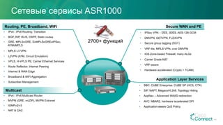 Secure WAN and PE
Application Layer Services
Multicast
Сетевые сервисы ASR1000
48
Routing, PE, Broadband, WiFi
•  IPv4 / IPv6 Routing, Transition
•  BGP, RIP, IS-IS, OSPF, Static routes
•  GRE, MPLSoGRE, EoMPLSoGREoIPSec,
ATMoMPLS
•  MPLS L3 VPN
•  L2VPN (ATM, Circuit Emulation)
•  VPLS, H-VPLS PE; Carrier Ethernet Services
•  Route Reflector, Internet Peering
•  Internet & WAN Edge
•  Broadband & WiFi Aggregation
•  Subscriber Management
•  IPv4 / IPv6 Multicast Router
•  MVPN (GRE, mLDP), MVPN Extranet
•  IGMPv2/v3
•  NAT & CAC
•  IPSec VPN – DES, 3DES, AES-128-GCM
•  DMVPN, GETVPN, FLEXVPN
•  Secure group tagging (SGT)
•  VRF-lite, MPLS-VPN, over DMVPN
•  IOS Zone-based Firewall, many ALGs
•  Carrier Grade NAT
•  VRF-aware
•  Hardware accelerated (Crypto + TCAM)
•  SBC: CUBE Enterprise, CUBE SP (HCS, CTX)
•  SIP, NAPT, Megaco/H.248, Topology Hiding
•  AppNav – Advanced WAAS redirection
•  AVC: NBAR2, hardware accelerated DPI
•  Application-aware QoS Policy
2700+ функций
 