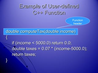 double computeTax(double income)double computeTax(double income)
{{
if (income < 5000.0) return 0.0;if (income < 5000.0) return 0.0;
double taxes = 0.07 * (income-5000.0);double taxes = 0.07 * (income-5000.0);
return taxes;return taxes;
}}
Example of User-definedExample of User-defined
C++ FunctionC++ Function
Function
header
 