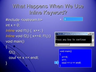 What Happens When We UseWhat Happens When We Use
Inline Keyword?Inline Keyword?
#include <iostream.h>#include <iostream.h>
int x = 0;int x = 0;
InlineInline void f1() { x++; }void f1() { x++; }
InlineInline void f2() { x+=4; f1();}void f2() { x+=4; f1();}
void main()void main()
{{
f2();f2();
cout << x << endl;cout << x << endl;
}}
5x
void main()void main()
{{
x+=4;x+=4;
x++;x++;
cout << x << endl;cout << x << endl;
}}
3
 