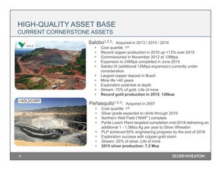 8
HIGH-QUALITY ASSET BASE
CURRENT CORNERSTONE ASSETS
Salobo1,2,3: Acquired in 2013 / 2015 / 2016
 Cost quartile: 1st
 Record copper production in 2016 up +13% over 2015
 Commissioned in November 2012 at 12Mtpa
 Expansion to 24Mtpa completed in June 2014
 Salobo III (additional 12Mtpa expansion) currently under
consideration
 Largest copper deposit in Brazil
 Mine life >40 years
 Exploration potential at depth
 Stream: 75% of gold. Life of mine
 Record gold production in 2015: 126koz
Peñasquito1,2,3: Acquired in 2007
 Cost quartile: 1st
 Silver grade expected to climb through 2019
 Northern Well Field (“NWF”) complete
 Pyrite Leach Plant targeted completion mid-2018 delivering an
additional 1 - 1.5Moz Ag per year to Silver Wheaton
 PLP achieved 65% engineering progress by the end of 2016
 Exploration success with copper-gold skarn
 Stream: 25% of silver. Life of mine
 2015 silver production: 7.2 Moz
 