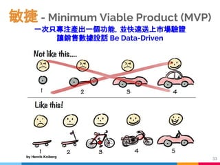 敏捷 - Minimum Viable Product (MVP)
一次只專注產出一個功能，並快速送上市場驗證
讓銷售數據說話 Be Data-Driven
33
 