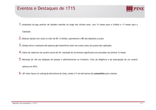 Eventos e Destaques de 1T15
1.Ampliação do gap positivo de liquidez mantido ao longo dos últimos anos, com 12 meses para o Crédito e 17 meses para a
Captação.
2.Balanço líquido com caixa no valor de R$ 1,4 bilhão, equivalente a 48% dos depósitos a prazo.
3.Gestão ativa e constante dos passivos gera benefícios tanto nos custos como nos prazos das captações.
4.Índice de cobertura da carteira acima de 4%, resultado do incremento significativo em provisões nos últimos 12 meses.
5.Retração de 16% nas despesas de pessoal e administrativas no trimestre, fruto da diligência e da antecipação de um cenário
adverso em 2015.
6.18º maior banco no ranking de derivativos da Cetip, sendo o 3º em derivativos de commodities para clientes.
3/17Relações com Investidores | 1T15 |
 