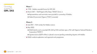 Royal Dutch Shell April 11, 2019
Chronology
of events (1)
OPL 245
Phase 1
◼ 1998 – Malabu awarded licence for OPL 245
◼ March 2001 – Shell Nigeria Ultra Deep (“SNUD”) farms in
◼ Representations and warranties were provided on ownership of Malabu
◼ Federal Government Nigeria (“FGN”) consented
Phase 2
◼ July 2001 – FGN revokes the Malabu Licence
◼ May 2002:
◼ SNUD bids for and is awarded OPL 245 by FGN and later signs a PSC with Nigerian National Petroleum
Corporation (“NNPC”)
◼ Signature bonus ($209 million) is placed in escrow pending outstanding disputes with Malabu
◼ SNUD conducts exploration and appraisal work programme
52
 