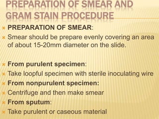 PREPARATION OF SMEAR AND
GRAM STAIN PROCEDURE
 PREPARATION OF SMEAR:
 Smear should be prepare evenly covering an area
of about 15-20mm diameter on the slide.
 From purulent specimen:
 Take loopful specimen with sterile inoculating wire
 From nonpurulent specimen:
 Centrifuge and then make smear
 From sputum:
 Take purulent or caseous material
 