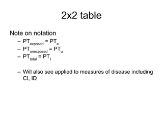 2x2 table
Note on notation
– PTexposed
= PTe
– PTunexposed
= PTu
– PTtotal
= PTt
– Will also see applied to measures of disease including
CI, ID
 