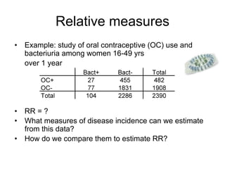 Relative measures
• Example: study of oral contraceptive (OC) use and
bacteriuria among women 16-49 yrs
over 1 year
• RR = ?
• What measures of disease incidence can we estimate
from this data?
• How do we compare them to estimate RR?
 