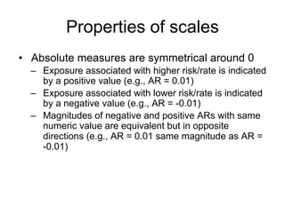 Properties of scales
• Absolute measures are symmetrical around 0
– Exposure associated with higher risk/rate is indicated
by a positive value (e.g., AR = 0.01)
– Exposure associated with lower risk/rate is indicated
by a negative value (e.g., AR = -0.01)
– Magnitudes of negative and positive ARs with same
numeric value are equivalent but in opposite
directions (e.g., AR = 0.01 same magnitude as AR =
-0.01)
 