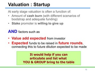 12
Valuation : Startup
At early stage valuation is often a function of:
• Amount of cash burn (with different scenarios of
bootstrap and adequate funding)
• Stake promoter is willing to give up
AND factors such as
• Value add expected from investor
• Expected funds to be raised in future rounds,
connecting this to future dilution expected to be made
It would help if you can
articulate and list what
YOU & GROUP bring to the table
 