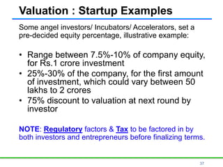 37
Valuation : Startup Examples
Some angel investors/ Incubators/ Accelerators, set a
pre-decided equity percentage, illustrative example:
• Range between 7.5%-10% of company equity,
for Rs.1 crore investment
• 25%-30% of the company, for the first amount
of investment, which could vary between 50
lakhs to 2 crores
• 75% discount to valuation at next round by
investor
NOTE: Regulatory factors & Tax to be factored in by
both investors and entrepreneurs before finalizing terms.
 