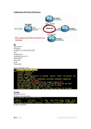 27 | P a g e Eng.Mohamed Abou Elenein
Configuration PKI at Cisco IOS Routers:
R5
ntp master 5
int loop 0
ip add 5.5.5.5 255.255.255.255
exit
ip http server
crypto pki server CA
hash sha512
grant auto
no sh
(Password)
show crypto pki server
R1 Hub
ntp server 5.5.5.5
do show ntp associations
do show ntp status
 