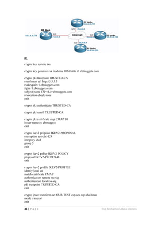 31 | P a g e Eng.Mohamed Abou Elenein
R1
crypto key zeroize rsa
crypto key generate rsa modulus 1024 lable r1.cbtnuggets.com
crypto pki trustpoint TRUSTED-CA
enrollment url http://5.5.5.5
rsakeypair r1.cbtnuggets.com
fqdn r1.cbtnuggets.com
subject-name CN=r1,o=cbtnuggets.com
revocation-check none
exit
crypto pki authenticate TRUSTED-CA
crypto pki enroll TRUSTED-CA
crypto pki certificate map CMAP 10
issuer-name co cbtnuggsts
exit
crypto ikev2 proposal IKEV2-PROPOSAL
encryption aes-cbc-128
integraty sha1
group 5
exit
crypto ikev2 policy IKEV2-POLICY
proposal IKEV2-PROPOSAL
exit
crypto ikev2 profile IKEV2-PROFILE
identiy local dn
match certificate CMAP
authentication remote rsa-sig
authentication local rsa-sig
pki trustpoint TRUSTED-CA
exit
crypto ipsec transform-set OUR-TEST esp-aes esp-sha-hmac
mode transport
exit
 