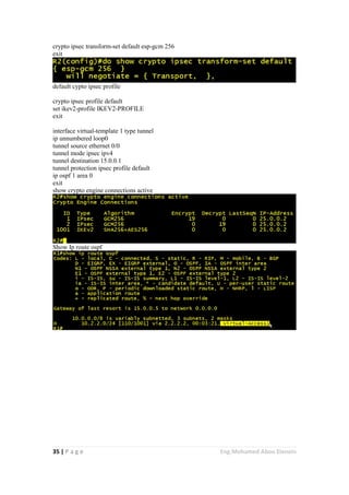 35 | P a g e Eng.Mohamed Abou Elenein
crypto ipsec transform-set default esp-gcm 256
exit
default cypto ipsec profile
crypto ipsec profile default
set ikev2-profile IKEV2-PROFILE
exit
interface virtual-template 1 type tunnel
ip unnumbered loop0
tunnel source ethernet 0/0
tunnel mode ipsec ipv4
tunnel destination 15.0.0.1
tunnel protection ipsec profile default
ip ospf 1 area 0
exit
show crypto engine connections active
Show Ip route ospf
 