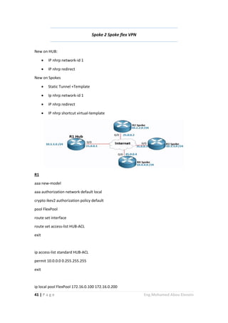 41 | P a g e Eng.Mohamed Abou Elenein
Spoke 2 Spoke flex VPN
New on HUB:
 IP nhrp network-id 1
 IP nhrp redirect
New on Spokes
 Static Tunnel +Template
 Ip nhrp network-id 1
 IP nhrp redirect
 IP nhrp shortcut virtual-template
R1
aaa new-model
aaa authorization network default local
crypto ikev2 authorization policy default
pool FlexPool
route set interface
route set access-list HUB-ACL
exit
ip access-list standard HUB-ACL
permit 10.0.0.0 0.255.255.255
exit
ip local pool FlexPool 172.16.0.100 172.16.0.200
 