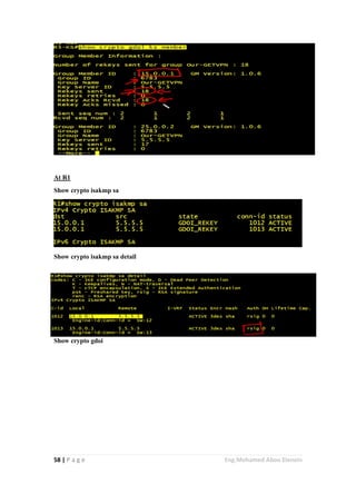 58 | P a g e Eng.Mohamed Abou Elenein
At R1
Show crypto isakmp sa
Show crypto isakmp sa detail
Show crypto gdoi
 