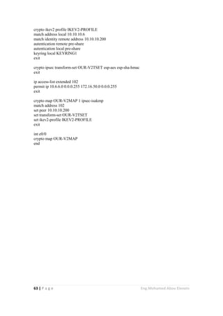 63 | P a g e Eng.Mohamed Abou Elenein
crypto ikev2 profile IKEV2-PROFILE
match address local 10.10.10.6
match identity remote address 10.10.10.200
autentication remote pre-share
autentication local pre-share
keyring local KEYRING1
exit
crypto ipsec transform-set OUR-V2TSET esp-aes esp-sha-hmac
exit
ip access-list extended 102
permit ip 10.6.6.0 0.0.0.255 172.16.50.0 0.0.0.255
exit
crypto map OUR-V2MAP 1 ipsec-isakmp
match address 102
set peer 10.10.10.200
set transform-set OUR-V2TSET
set ikev2-profile IKEV2-PROFILE
exit
int e0/0
crypto map OUR-V2MAP
end
 