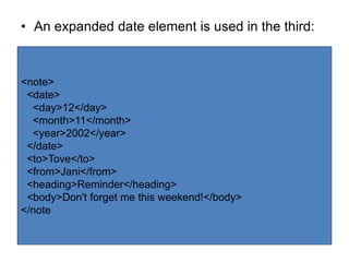 • An expanded date element is used in the third:
<note>
<date>
<day>12</day>
<month>11</month>
<year>2002</year>
</date>
<to>Tove</to>
<from>Jani</from>
<heading>Reminder</heading>
<body>Don't forget me this weekend!</body>
</note
 