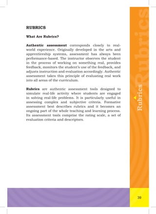 RUBRICS
What Are Rubrics?
Authentic assessment corresponds closely to real-
world experience. Originally developed in the arts and
apprenticeship systems, assessment has always been
performance-based. The instructor observes the student
in the process of working on something real, provides
feedback, monitors the student’s use of the feedback, and
adjusts instruction and evaluation accordingly. Authentic
assessment takes this principle of evaluating real work
into all areas of the curriculum.
Rubrics are authentic assessment tools designed to
simulate real-life activity where students are engaged
in solving real-life problems. It is particularly useful in
assessing complex and subjective criteria. Formative
assessment best describes rubrics and it becomes an
ongoing part of the whole teaching and learning process.
Its assessment tools comprise the rating scale, a set of
evaluation criteria and descriptors.
RubricsRubricsRubricsRubrics
RubricsRubricsRubrics
RubricsRubricsRubrics
RubricsRubrics
39
 