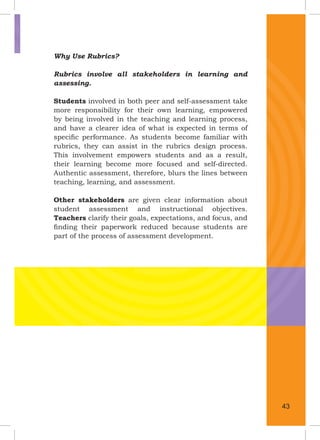 Why Use Rubrics?
Rubrics involve all stakeholders in learning and
assessing.
Students involved in both peer and self-assessment take
more responsibility for their own learning, empowered
by being involved in the teaching and learning process,
and have a clearer idea of what is expected in terms of
speciﬁc performance. As students become familiar with
rubrics, they can assist in the rubrics design process.
This involvement empowers students and as a result,
their learning become more focused and self-directed.
Authentic assessment, therefore, blurs the lines between
teaching, learning, and assessment.
Other stakeholders are given clear information about
student assessment and instructional objectives.
Teachers clarify their goals, expectations, and focus, and
ﬁnding their paperwork reduced because students are
part of the process of assessment development.
43
 