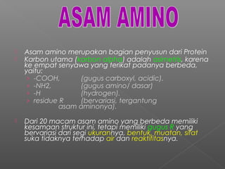    Asam amino merupakan bagian penyusun dari Protein
   Karbon utama (karbon alpha) adalah asimetris, karena
    ke empat senyawa yang terikat padanya berbeda,
    yaitu:
     › -COOH,      (gugus carboxyl, acidic).
     › -NH2,       (gugus amino/ dasar)
     › -H          (hydrogen).
     › residue R   (bervariasi, tergantung
              asam aminonya).

   Dari 20 macam asam amino yang berbeda memiliki
    kesamaan struktur ini, tetapi memiliki gugus R yang
    bervariasi dari segi ukurannya, bentuk, muatan, sifat
    suka tidaknya terhadap air dan reaktifitasnya.
 