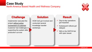 Implementer executed the
project without active
involvement of customer.
Customer had challenges in
supporting the system after
production cut-over
HCM CoE got involved and
conducted several
knowledge transfer
workshops
 Day-to-day operations
got impacted
 Subsequent rollouts got
delayed
 Still on the WATCH list
with open issues
Challenge Solution Result
Case Study
North America Based Health and Wellness Company
 