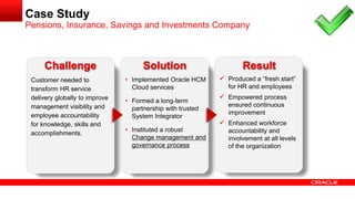 Customer needed to
transform HR service
delivery globally to improve
management visibility and
employee accountability
for knowledge, skills and
accomplishments.
• Implemented Oracle HCM
Cloud services
• Formed a long-term
partnership with trusted
System Integrator
• Instituted a robust
Change management and
governance process
 Produced a “fresh start”
for HR and employees
 Empowered process
ensured continuous
improvement
 Enhanced workforce
accountability and
involvement at all levels
of the organization
Challenge Solution Result
Case Study
Pensions, Insurance, Savings and Investments Company
 