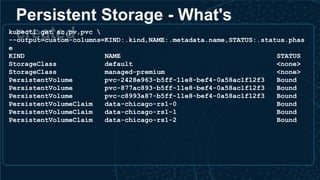 Persistent Storage - What's
createdkubectl get sc,pv,pvc 
--output=custom-columns=KIND:.kind,NAME:.metadata.name,STATUS:.status.phas
e
KIND NAME STATUS
StorageClass default <none>
StorageClass managed-premium <none>
PersistentVolume pvc-2428e963-b5ff-11e8-bef4-0a58ac1f12f3 Bound
PersistentVolume pvc-877ac893-b5ff-11e8-bef4-0a58ac1f12f3 Bound
PersistentVolume pvc-c8993a87-b5ff-11e8-bef4-0a58ac1f12f3 Bound
PersistentVolumeClaim data-chicago-rs1-0 Bound
PersistentVolumeClaim data-chicago-rs1-1 Bound
PersistentVolumeClaim data-chicago-rs1-2 Bound
 