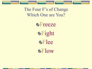 The Four F’s of Change
Which One are You?
Freeze
Fight
Flee
Flow
 