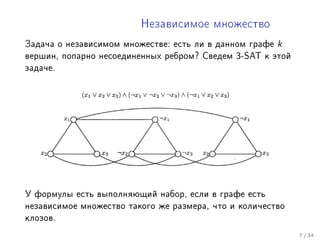 Íåçàâèñèìîå ìíîæåñòâî

Çàäà÷à î íåçàâèñèìîì ìíîæåñòâå: åñòü ëè â äàííîì ãðàôå   k
âåðøèí, ïîïàðíî íåñîåäèíåííûõ ðåáðîì? Ñâåäåì 3-SAT ê ýòîé
çàäà÷å.




Ó ôîðìóëû åñòü âûïîëíÿþùèé íàáîð, åñëè â ãðàôå åñòü
íåçàâèñèìîå ìíîæåñòâî òàêîãî æå ðàçìåðà, ÷òî è êîëè÷åñòâî
êëîçîâ.

                                                             7 / 34
 