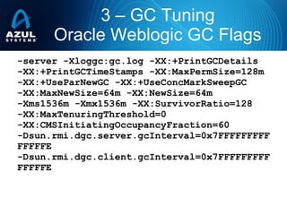 -server -Xloggc:gc.log -XX:+PrintGCDetails
-XX:+PrintGCTimeStamps -XX:MaxPermSize=128m
-XX:+UseParNewGC -XX:+UseConcMarkSweepGC
-XX:MaxNewSize=64m -XX:NewSize=64m
-Xms1536m -Xmx1536m -XX:SurvivorRatio=128
-XX:MaxTenuringThreshold=0
-XX:CMSInitiatingOccupancyFraction=60
-Dsun.rmi.dgc.server.gcInterval=0x7FFFFFFFFF
FFFFFE
-Dsun.rmi.dgc.client.gcInterval=0x7FFFFFFFFF
FFFFFE
3 – GC Tuning
Oracle Weblogic GC Flags
 