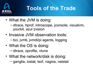 Tools of the Trade
• What the JVM is doing:
– dtrace, hprof, introscope, jconsole, visualvm,
yourkit, azul zvision
• Invasive JVM observation tools:
– bci, jvmti, jvmdi/pi agents, logging
• What the OS is doing:
– dtrace, oprofile, vtune
• What the network/disk is doing:
– ganglia, iostat, lsof, nagios, netstat
 