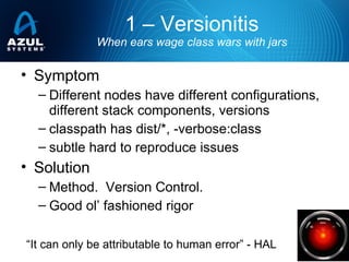 • Symptom
– Different nodes have different configurations,
different stack components, versions
– classpath has dist/*, -verbose:class
– subtle hard to reproduce issues
• Solution
– Method. Version Control.
– Good ol’ fashioned rigor
1 – Versionitis
When ears wage class wars with jars
“It can only be attributable to human error” - HAL
 