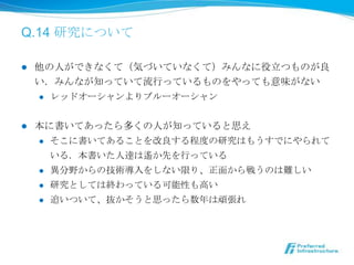 Q.14 研究について

l    他の⼈人ができなくて（気づいていなくて）みんなに役⽴立立つものが良良
      い．みんなが知っていて流流⾏行行っているものをやっても意味がない
      l  レッドオーシャンよりブルーオーシャン



l    本に書いてあったら多くの⼈人が知っていると思え
      l  そこに書いてあることを改良良する程度度の研究はもうすでにやられて

          いる．本書いた⼈人達は遙か先を⾏行行っている
      l  異異分野からの技術導⼊入をしない限り、正⾯面から戦うのは難しい

      l  研究としては終わっている可能性も⾼高い

      l  追いついて、抜かそうと思ったら数年年は頑張れ
 