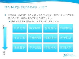 Q.1 NLP(⾃自然⾔言語処理理）とは？

 l    ⾃自然⾔言語（⼈人が書いたり、話したりする⾔言語）をコンピュータで処
       理理する分野．⾔言語が絡んでいたら何でも良良い
        l  基礎から応⽤用・理理論論からアプリまで幅は⾮非常に広い

基礎
          単語分割    構⽂文解析    意味解析    辞書構築


          ⽂文書分類   ⾃自動要約    情報抽出    著者推定


          機械翻訳    ⾳音声認識識   情報検索索   質問応答
応⽤用
 