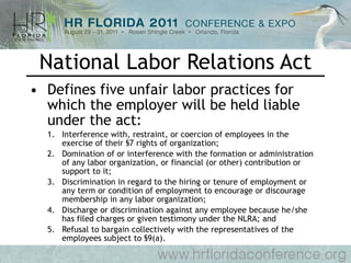 National Labor Relations Act Defines five unfair labor practices for which the employer will be held liable under the act: Interference with, restraint, or coercion of employees in the exercise of their §7 rights of organization;  Domination of or interference with the formation or administration of any labor organization, or financial (or other) contribution or support to it;   Discrimination in regard to the hiring or tenure of employment or any term or condition of employment to encourage or discourage membership in any labor organization;   Discharge or discrimination against any employee because he/she has filed charges or given testimony under the NLRA; and  Refusal to bargain collectively with the representatives of the employees subject to §9(a).  