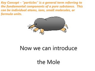 Key Concept – “particles” is a general term referring to the fundamental components of a pure substance.  This can be individual atoms, ions, small molecules, or formula units.Now we can introducethe Mole