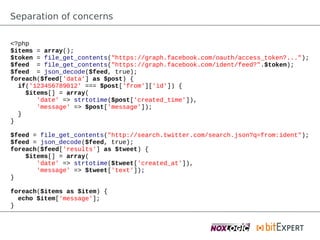 Separation of concerns

<?php
$items = array();
$token = file_get_contents("https://graph.facebook.com/oauth/access_token?...");
$feed = file_get_contents("https://graph.facebook.com/ident/feed?".$token);
$feed = json_decode($feed, true);
foreach($feed['data'] as $post) {
  if('123456789012' === $post['from']['id']) {
    $items[] = array(
       'date' => strtotime($post['created_time']),
       'message' => $post['message']);
  }
}

$feed = file_get_contents("http://search.twitter.com/search.json?q=from:ident");
$feed = json_decode($feed, true);
foreach($feed['results'] as $tweet) {
    $items[] = array(
       'date' => strtotime($tweet['created_at']),
       'message' => $tweet['text']);
}

foreach($items as $item) {
  echo $item['message'];
}
 