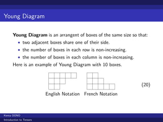 Young Diagram

       Young Diagram is an arrangent of boxes of the same size so that:
           • two adjacent boxes share one of their side.
           • the number of boxes in each row is non-increasing.
           • the number of boxes in each column is non-increasing.
       Here is an example of Young Diagram with 10 boxes.



                                                                     (20)
                          English Notation French Notation



Kenta OONO
Introduction to Tensors
 