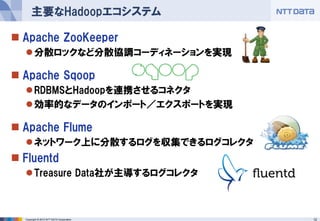 主要なHadoopエコシステム

 Apache ZooKeeper
   分散ロックなど分散協調コーディネーションを実現

 Apache Sqoop
   RDBMSとHadoopを連携させるコネクタ
   効率的なデータのインポート／エクスポートを実現

 Apache Flume
   ネットワーク上に分散するログを収集できるログコレクタ
 Fluentd
   Treasure Data社が主導するログコレクタ



  Copyright © 2012 NTT DATA Corporation   12
 