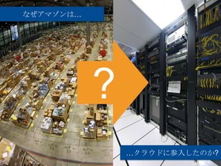 なぜアマゾンは…
About Amazon
Web Services




 Deep experience in
    building and
                   ?
operating global web
   scale systems



                       …クラウドに参入したのか?
 