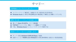 サマリー

 スパコンイベント “SC12” で 2012 年 11 月版発表 (年 2 回発表)
 Windows Azure は 151.3 TFLOPS (効率 90.2%) で 165 位 (全 500 システム中)




 16 コア (Xeon E5-2670), メモリ 128 GB
 TOP500 チャレンジは、504ノード, 8064 コアで実施
 今後、Windows Azure コンピュートサービスで提供予定




 サーバー間を Infiniband QDR (40 Gbps) で接続
 仮想マシン上で RDMA over Infiniband を実現 (物理環境と遜色ない低遅延接続)
 