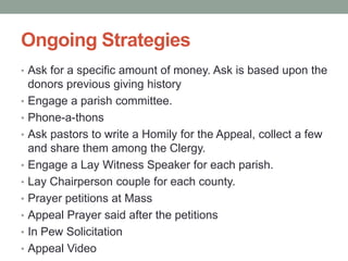 Ongoing Strategies
• Ask for a specific amount of money. Ask is based upon the
    donors previous giving history
•   Engage a parish committee.
•   Phone-a-thons
•   Ask pastors to write a Homily for the Appeal, collect a few
    and share them among the Clergy.
•   Engage a Lay Witness Speaker for each parish.
•   Lay Chairperson couple for each county.
•   Prayer petitions at Mass
•   Appeal Prayer said after the petitions
•   In Pew Solicitation
•   Appeal Video
 