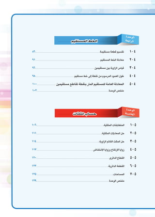 ‫الوحدة‬
‫الرابعة‬

‫الخط المستقيم‬

‫4 - 1	‬

‫تقسيم قطعة مستقيمة‬

‫68‬

‫4 - 2	‬

‫معادلة الخط المستقيم‬

‫19‬

‫4 - 3	‬

‫قياس الزاوية بين مستقيمين‬

‫69‬

‫4 - 4	‬

‫طول العمود المرسوم من نقطة إلى خط مستقيم‬

‫89‬

‫4 - 5	‬

‫المعادلة العامة للمستقيم المار بنقطة تقاطع مستقيمين‬

‫001‬

‫ملخص الوحدة‬

‫301‬

‫	‬

‫.........................................................................................................................................................................................................‬

‫...........................................................................................................................................................................................................‬

‫.......................................................................................................................................................................................‬

‫........................................................................................................................‬

‫......................................................... .‬

‫............................................................................................................................................................................................................................... .‬

‫الوحدة‬
‫اخلام�سة‬

‫حساب املثلثات‬

‫5 - 1	‬
‫5 - 2	‬

‫حل المعادالت المثلثية.‬

‫111‬

‫5 - 3	‬

‫حل المثلث القائم الزاوية.‬

‫411‬

‫5 - 4	‬

‫زوايا االرتفاع وزوايا االنخفاض‬

‫711‬

‫5 - 5	‬

‫القطاع الدائرى‬

‫021‬

‫5 - 6	‬

‫القطعة الدائرية.‬

‫321‬

‫5 - 7	‬
‫	‬

‫المتطابقات المثلثية.‬

‫601‬

‫المساحات.‬

‫521‬

‫ملخص الوحدة‬

‫921‬

‫............................................................................................................................................................................................................ .‬

‫....................................................................................................................................................................................................... .‬

‫.............................................................................................................................................................................................. .‬

‫............................................................................................................................................................................ .‬

‫............................................................................................................................................................................................................................... .‬

‫.......................................................................................................................................................................................................................... .‬

‫.......................................................................................................................................................................................................................................... .‬

‫............................................................................................................................................................................................................................... .‬

 