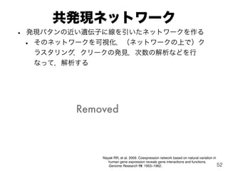 共発現ネットワーク
• 発現パタンの近い遺伝子に線を引いたネットワークを作る
• そのネットワークを可視化，（ネットワークの上で）ク
ラスタリング，クリークの発見，次数の解析などを行
なって，解析する
Nayak RR, et al. 2009. Coexpression network based on natural variation in
human gene expression reveals gene interactions and functions.
Genome Research 19: 1953–1962. 52
Removed
 