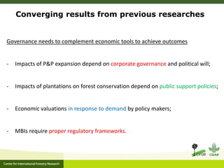 Converging results from previous researches
Governance needs to complement economic tools to achieve outcomes
- Impacts of P&P expansion depend on corporate governance and political will;
- Impacts of plantations on forest conservation depend on public support policies;
- Economic valuations in response to demand by policy makers;
- MBIs require proper regulatory frameworks.
 