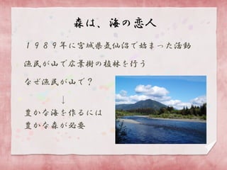 森は、海の恋人
１９８９年に宮城県気仙沼で始まった活動
漁民が山で広葉樹の植林を行う
なぜ漁民が山で？
↓
豊かな海を作るには
豊かな森が必要

 